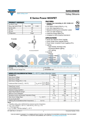 SIHG30N60E-GE3 datasheet - E Series Power MOSFET