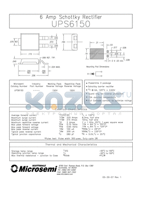 UPS6150 datasheet - 6 Amp Schottky Rectifier