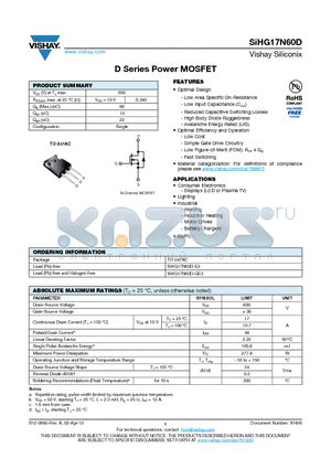 SIHG17N60D datasheet - D Series Power MOSFET