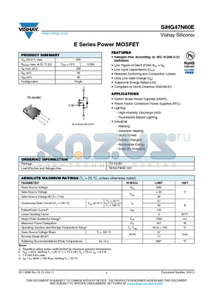 SIHG47N60E datasheet - E Series Power MOSFET
