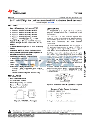 TPS27081ADDCR datasheet - 1.2 - 8V, 3A PFET High Side Load Switch with Level Shift & Adjustable Slew Rate Control