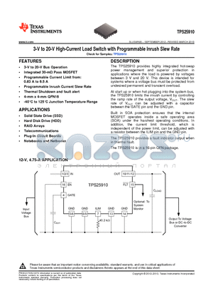 TPS25910RSAR datasheet - 3-V to 20-V High-Current Load Switch with Programmable Inrush Slew Rate