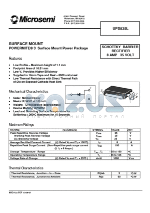 UPS835L datasheet - SCHOTTKY BARRIER RECTIFIER 8 AMP 35 VOLT