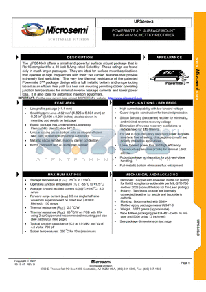 UPS840E3 datasheet - POWERMITE 3 SURFACE MOUNT 8 AMP 40 V SCHOTTKY RECTIFIER