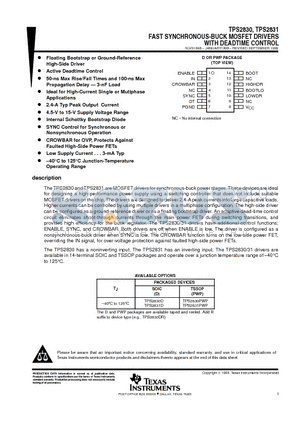 TPS2831D datasheet - FAST SYNCHRONOUS-BUCK MOSFET DRIVERS WITH DEADTIME CONTROL