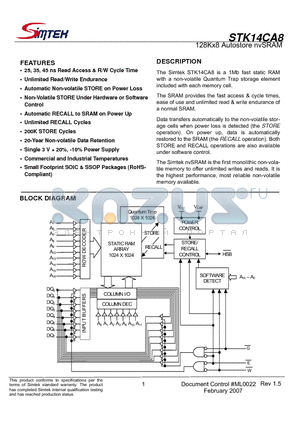 STK14CA8-RF25TR datasheet - 128Kx8 Autostore nvSRAM