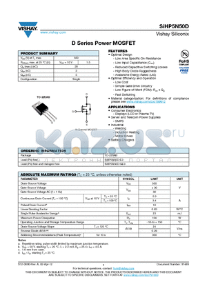 SIHP5N50D datasheet - D Series Power MOSFET