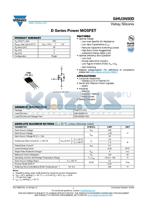 SIHU3N50D datasheet - D Series Power MOSFET