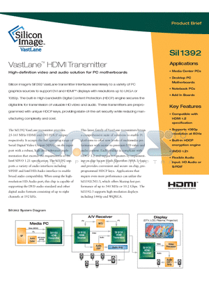 SII1392 datasheet - VastLane HDMI Transmitter