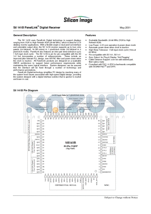 SII141 datasheet - SiI 141B PanelLink Digital Receiver