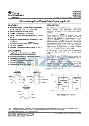 TPS3106 datasheet - UltraLow Supply-Current/Supply-Voltage Supervisory Circuits
