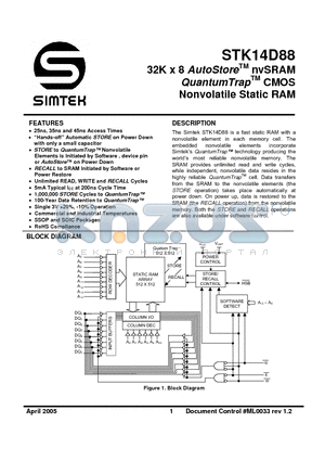 STK14D88-RF25I datasheet - 32K x 8 AutoStore nvSRAM CMOS Nonvolatile Static RAM
