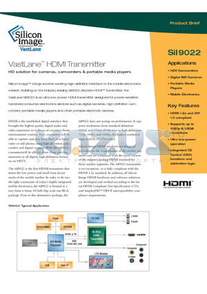 SII9022 datasheet - VastLane HDMI Transmitter