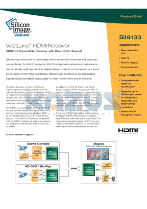 SII9133 datasheet - VastLane HDMI Receiver