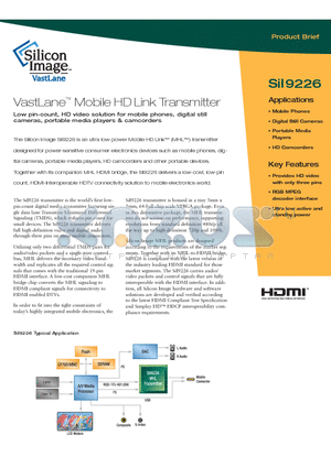 SII9226 datasheet - VastLane Mobile HD Link Transmitter