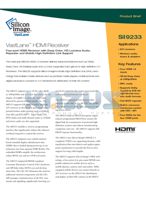 SII9233 datasheet - VastLane HDMI Receiver