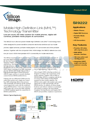 SII9222 datasheet - Mobile High-Definition Link (MHL) Technology Transmitter