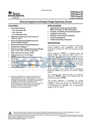 TPS3106K33MDBVREP datasheet - Ultra-Low Supply-Current/Supply-Voltage Supervisory Circuits