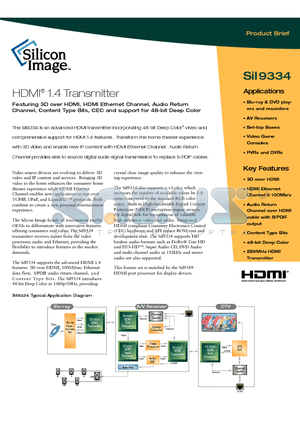 SII9334 datasheet - HDMI 1.4 Transmitter