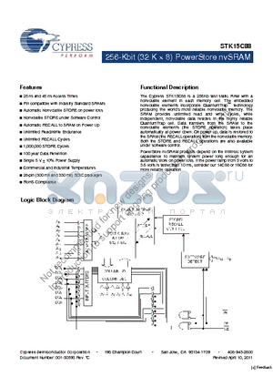 STK15C88 datasheet - 256-Kbit (32 K x 8) PowerStore nvSRAM Unlimited RECALL Cycles