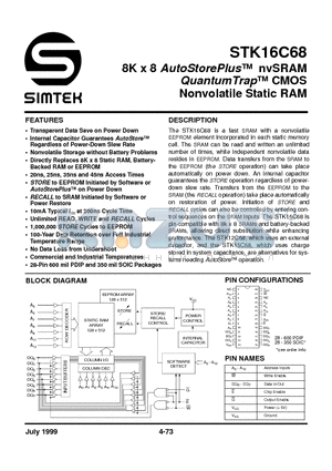 STK16C68-S20I datasheet - 8K x 8 AutoStorePlus nvSRAM QuantumTrap CMOS Nonvolatile Static RAM