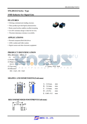 SNL201212S-1R5K-T datasheet - SMD Inductor for Signal Line