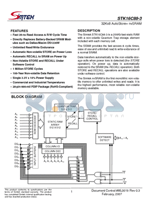 STK16C88-3 datasheet - 32Kx8 AutoStore nvSRAM