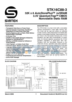 STK16C88-3WF35 datasheet - 32K x 8 AutoStorePlus nvSRAM 3.3V QuantumTrap CMOS Nonvolatile Static RAM