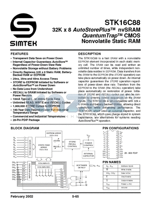 STK16C88-45I datasheet - 32K x 8 AutoStorePlus nvSRAM QuantumTrap CMOS Nonvolatile Static RAM