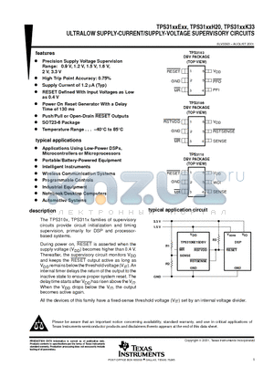 TPS31XXEXX datasheet - ULTRALOW SUPPLY-CURRENT/SUPPLY-VOLTAGE SUPERVISORY CIRCUITS