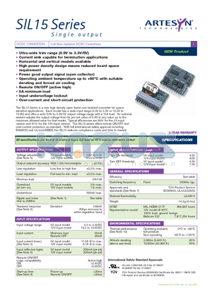 SIL15-12SADJ-V datasheet - DC/DC CONVERTERS 15A Non-Isolated DC/DC Converters