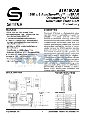 STK16CA8-W45 datasheet - 128K x 8 AutoStorePlus nvSRAM QuantumTrap CMOS Nonvolatile Static RAM