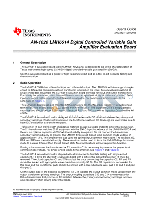 SNOA524 datasheet - AN-1828 LMH6514 Digital Controlled Variable Gain Amplifier Evaluation Board