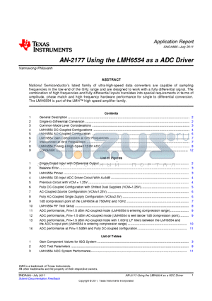 SNOA565 datasheet - AN-2177 Using the LMH6554 as a ADC Driver