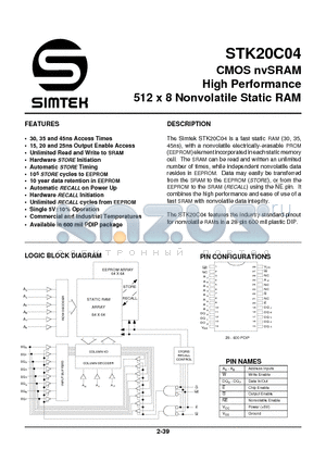 STK20C04 datasheet - CMOS nvSRAM High Performance 512 x 8 Nonvolatile Static RAM