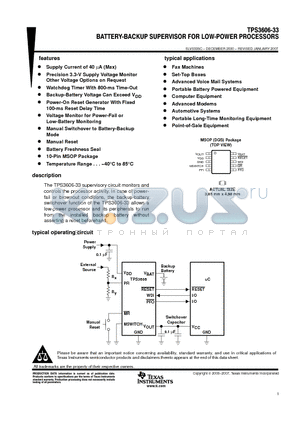 TPS3606-33 datasheet - BATTERY-BACKUP SUPERVISOR FOR LOW-POWER PROCESSORS