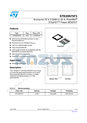 STK20N75F3 datasheet - N-channel 75 V, 0.0065 OHM, 20 A, PolarPAK STripFET Power MOSFET