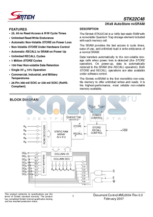 STK22C48-S45TR datasheet - 2Kx8 AutoStore nvSRAM