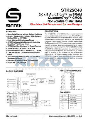 STK22C48-W25 datasheet - 2K x 8 AutoStore nvSRAM QuantumTrap CMOS Nonvolatile Static RAM