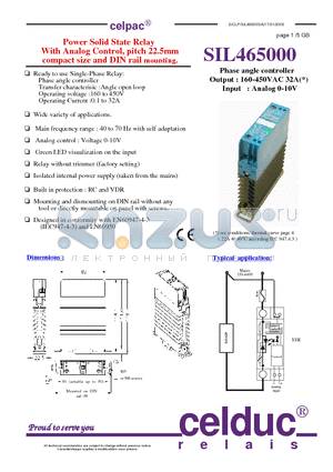 SIL465000 datasheet - Power Solid State Relay With Analog Control, pitch 22.5mm compact size and DIN rail mounting.