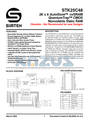 STK22C48-WF35I datasheet - 2K x 8 AutoStore nvSRAM QuantumTrap CMOS Nonvolatile Static RAM
