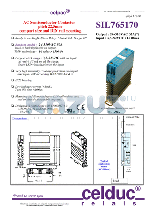 SIL765170 datasheet - AC Semiconductor Contactor pitch 22,5mm compact size and DIN rail mounting.