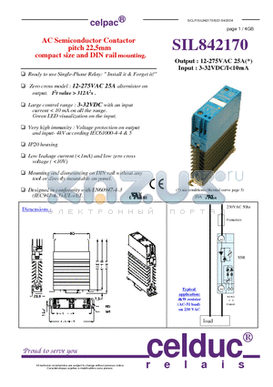 SIL842170 datasheet - AC Semiconductor Contactor pitch 22,5mm compact size and DIN rail mounting.