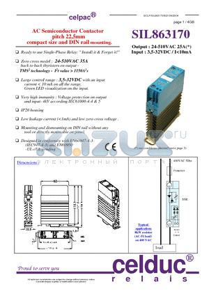 SIL863170 datasheet - AC Semiconductor Contactor pitch 22,5mm compact size and DIN rail mounting.