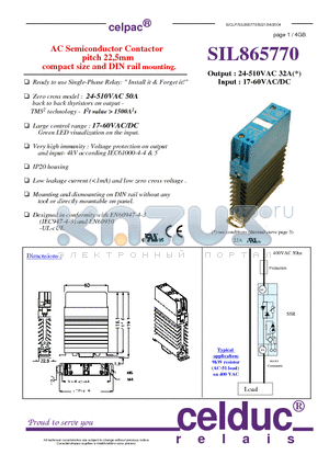 SIL865770 datasheet - AC Semiconductor Contactor pitch 22,5mm compact size and DIN rail mounting.