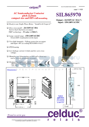 SIL865970 datasheet - AC Semiconductor Contactor pitch 22,5mm compact size and DIN rail mounting.