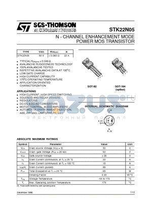 STK22N05 datasheet - N - CHANNEL ENHANCEMENT MODE POWER MOS TRANSISTOR