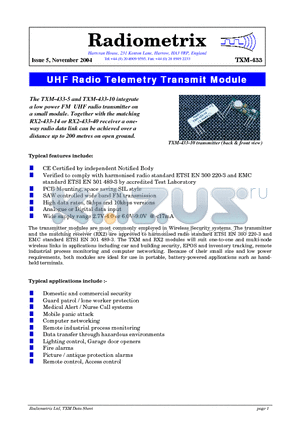 SILRX-433-5 datasheet - UHF Radio Telemetry Transmit Module