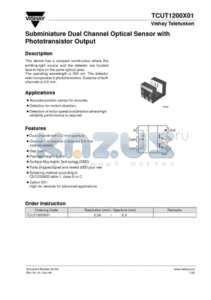 TCUT1200X01 datasheet - Subminiature Dual Channel Optical Sensor with Phototransistor Output