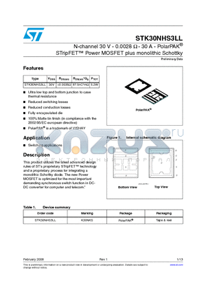 STK30NHS3LL datasheet - N-channel 30 V - 0.0028 Y - 30 A - PolarPAK^ STripFET Power MOSFET plus monolithic Schottky